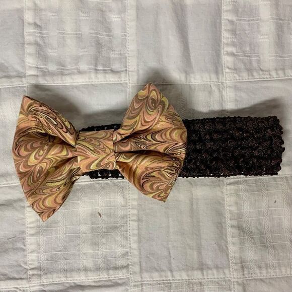 Infant Headband Brown Band Pink Gold Brown Swirls Cotton Bow Size Newborn B294 - Picture 3 of 10